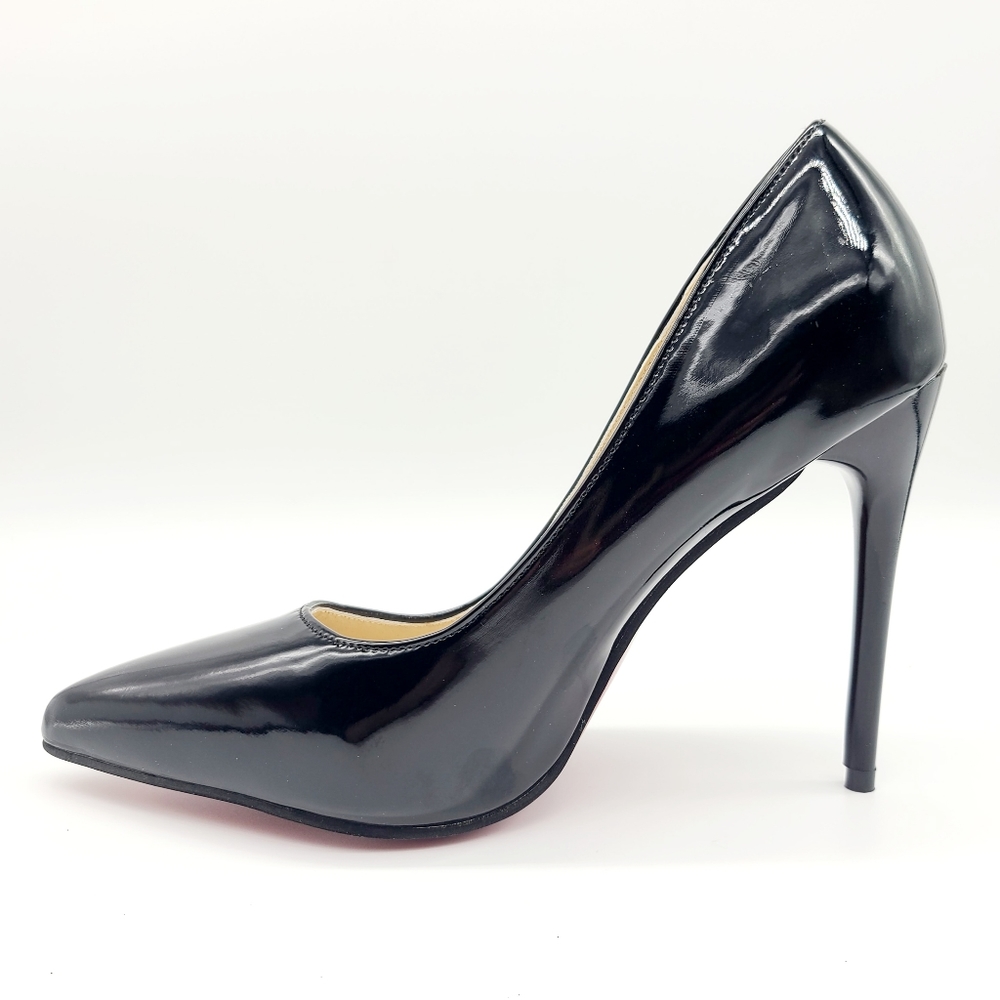 Black PU leather Womens Pumps Slip On stiletto High Heels with Pointed Toe